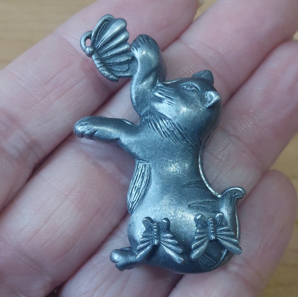 Pewter Cat Necklace Butterflies Earrings Set Trinket Box Jewelry Vintage